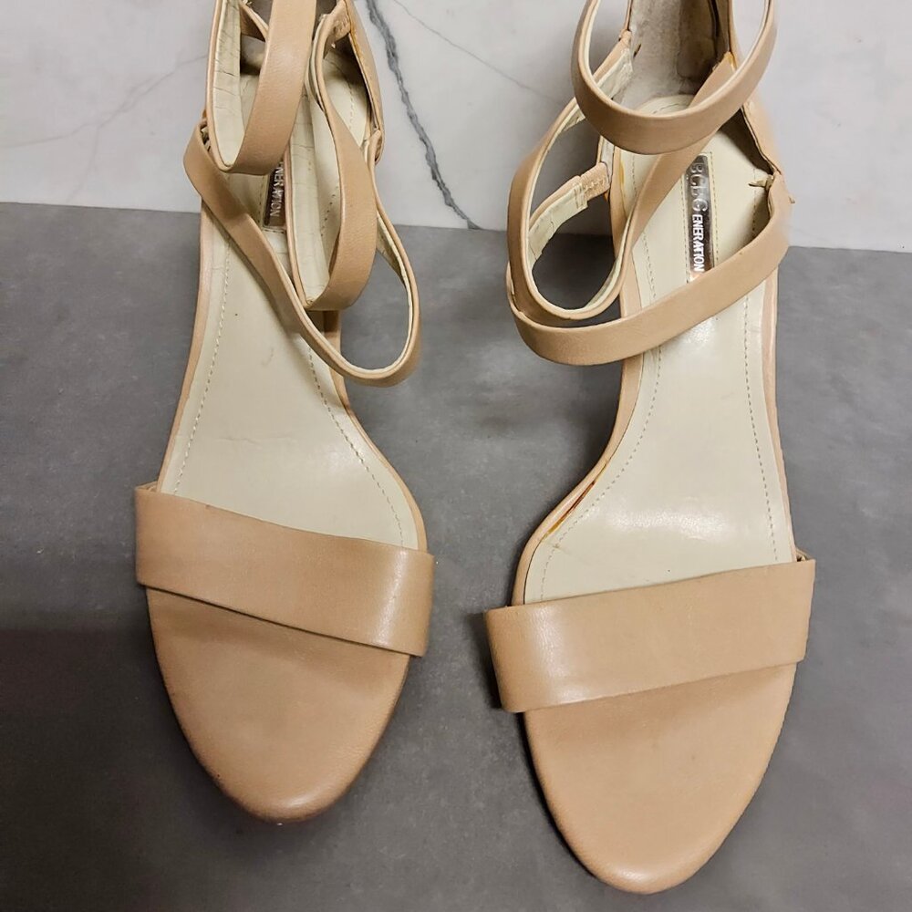 BCBGeneration size 10M beige leather strap heels pre-owned   $12